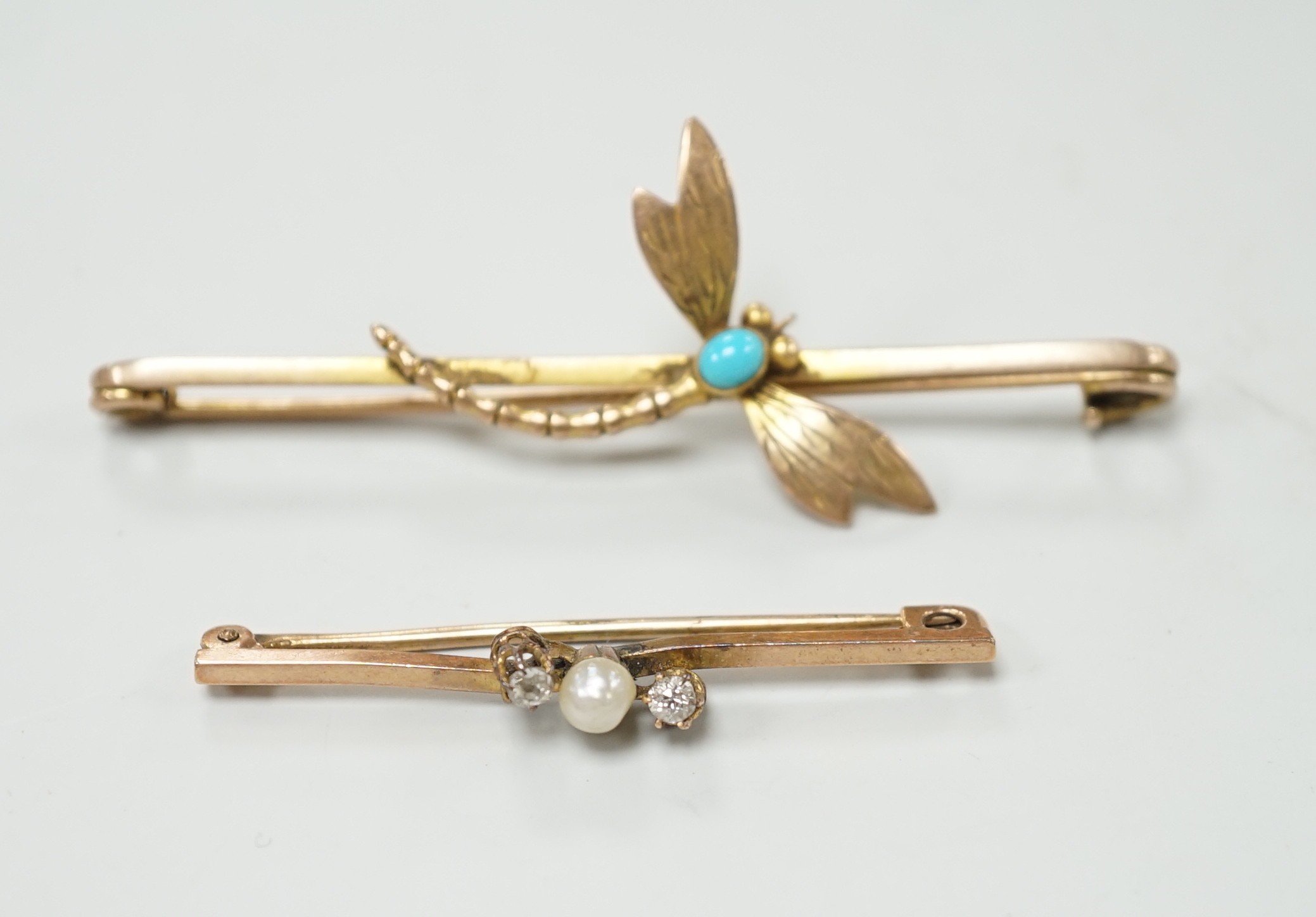 Two early 20th century yellow metal and gem set bar brooches, including turquoise set dragonfly, 64mm